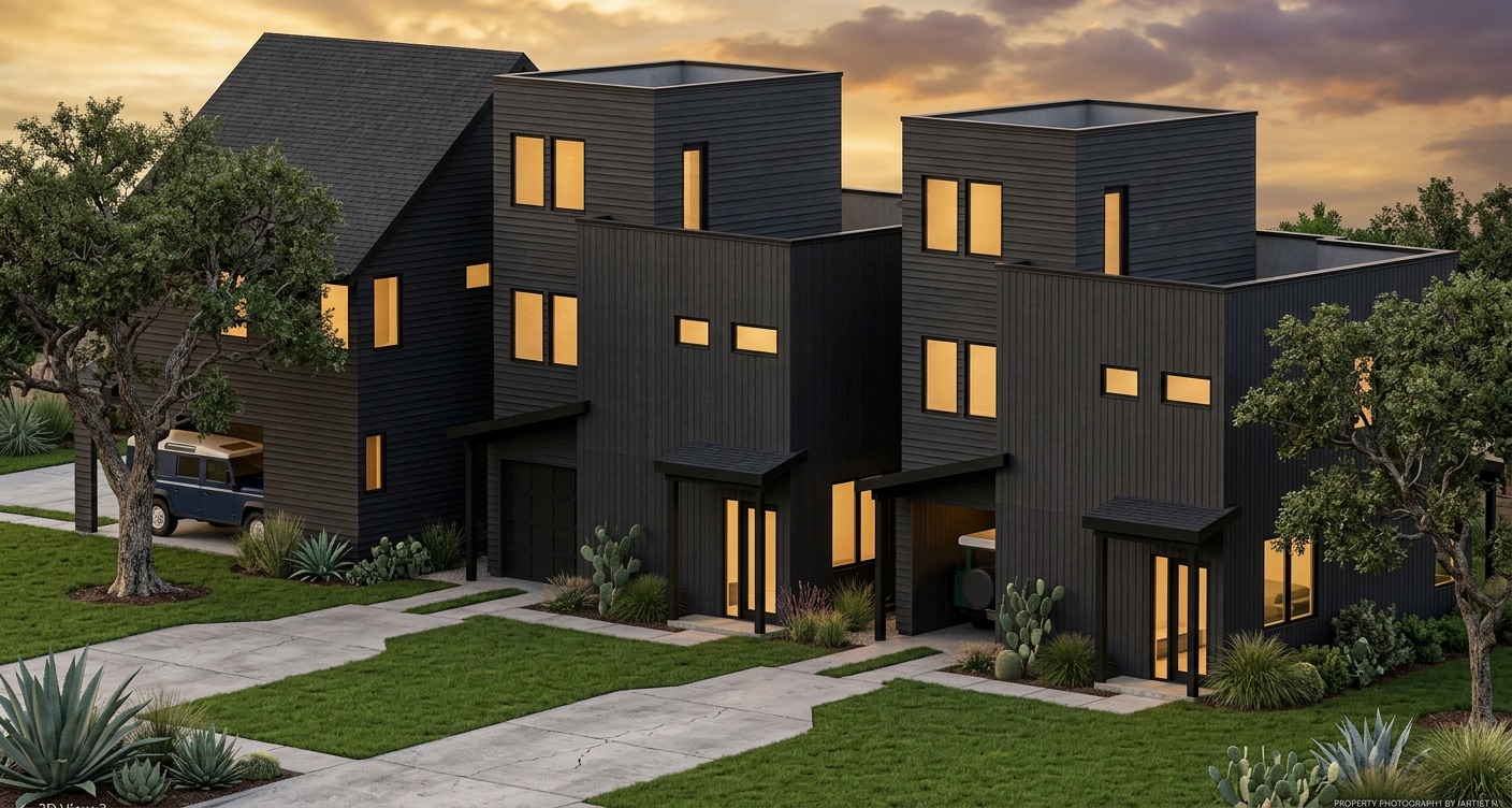 1210 Cedar — three modern detached homes at dusk
